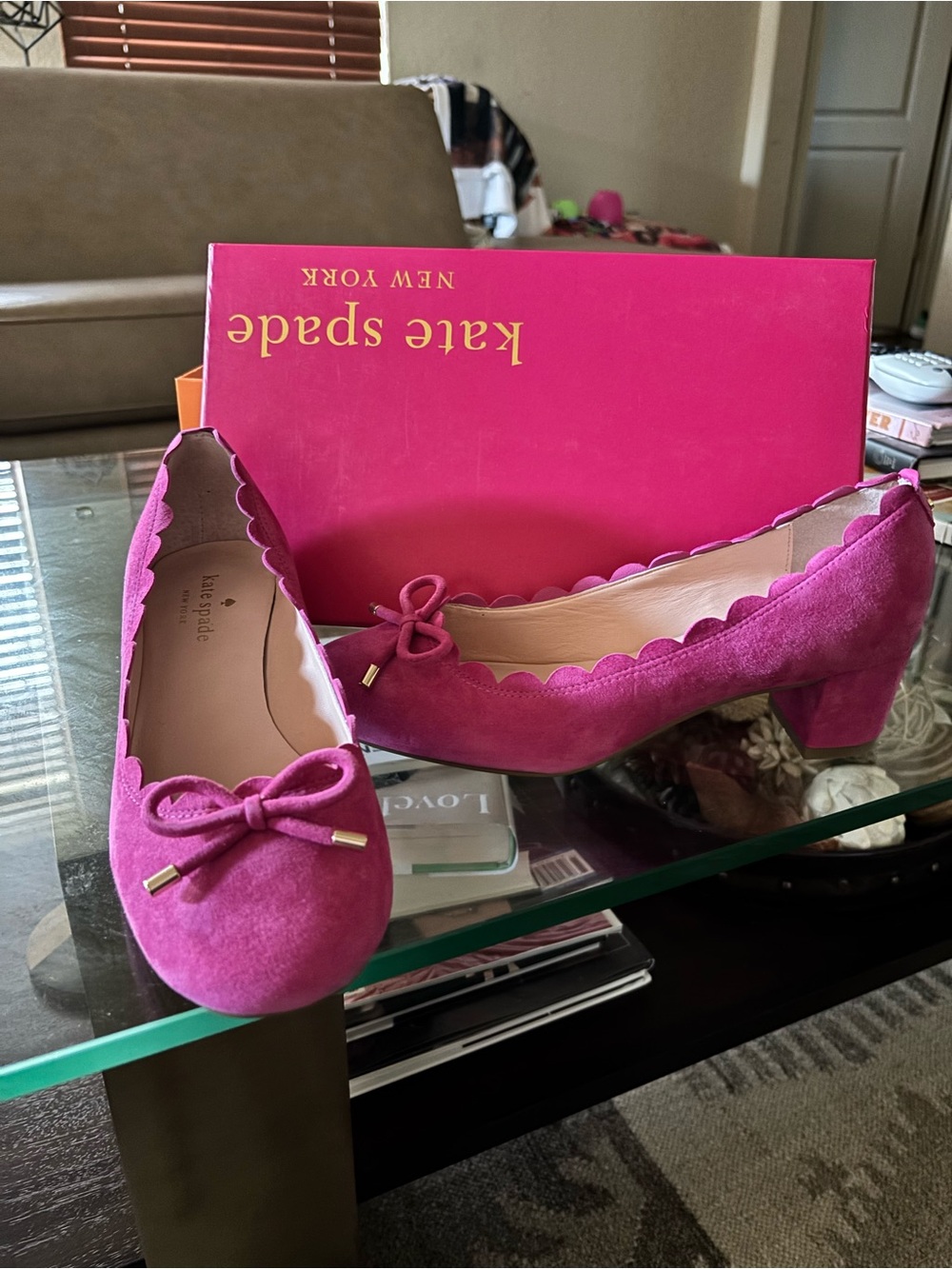 kate spade Fuchsia Suede Scalloped Block Heel Pumps with Bow